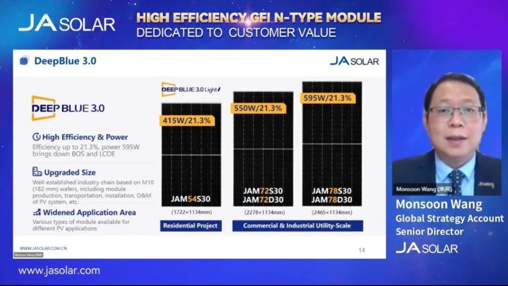 Monsoon Wang, Global Strategy Account Senior Director from JA Solar speaking at JA Solar's webinar on High Efficiency GFI n-type Module Dedicated to Customer Value