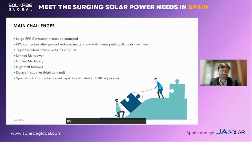 Screenshot of Manuel Rodriguez's presentation during the webinar "Meet the Surging Solar Power Needs in Spain"