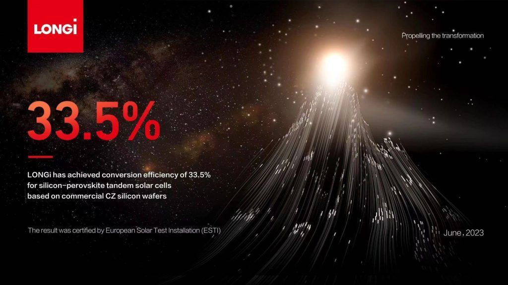 LONGi achieves 33.5% efficiency for silicon-perovskite tandem solar cells. Image: LONGi