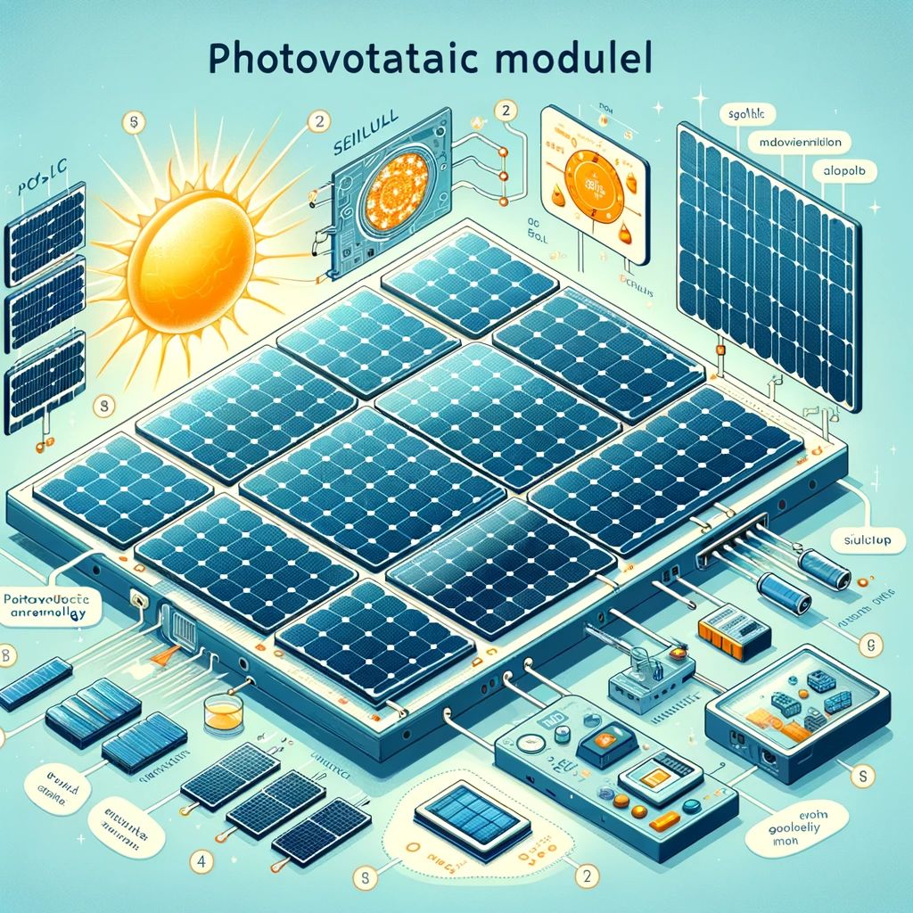  An educational illustration depicting the basics of photovoltaic modules in solar technology. 
